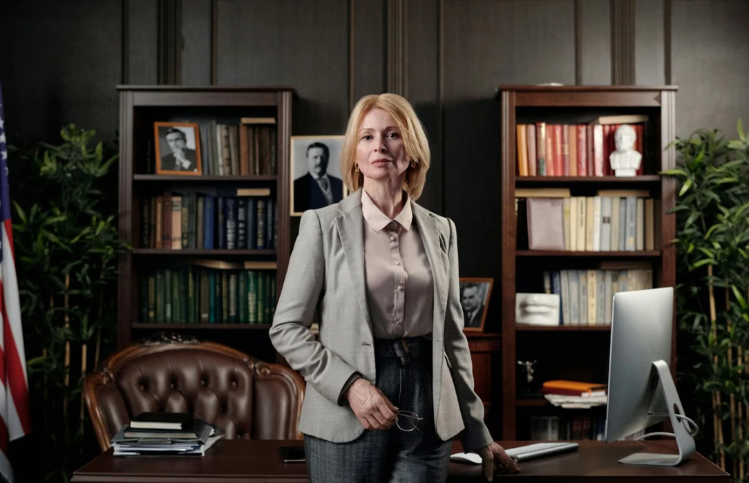 Woman in a blazer standing confidently in an office with bookshelves.