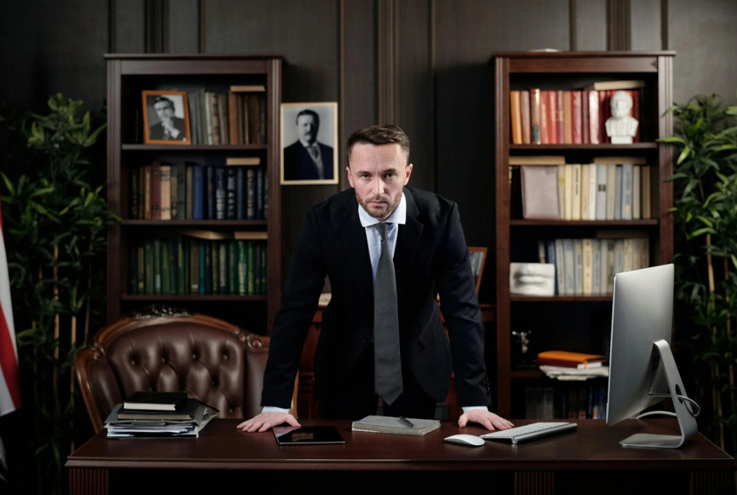 Man in a suit standing behind a desk in a library-style office.